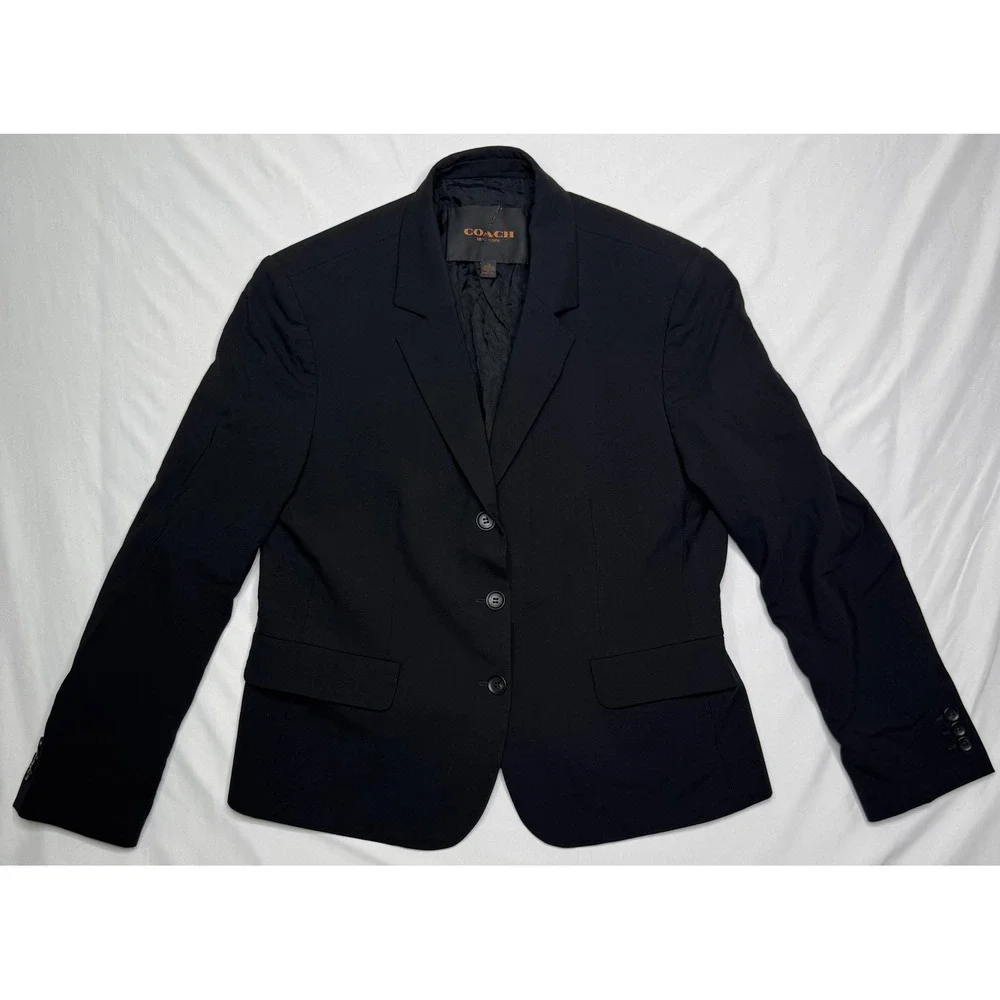 Coach New York Womens Black Wool Blend 3-Button Tailored Blazer Jacket Size 12